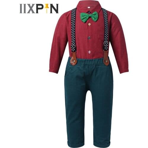 2Pcs Childrens Boys Christmas Holiday Costume Outfit Long Sleeve Button Closure Shirt with Bow Tie Suspender Straps Pants