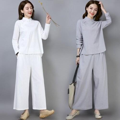 2021 chinese cotton and linen daily clothes mandarin collar top wide leg pants loose oriental improved tang suit tea art suit