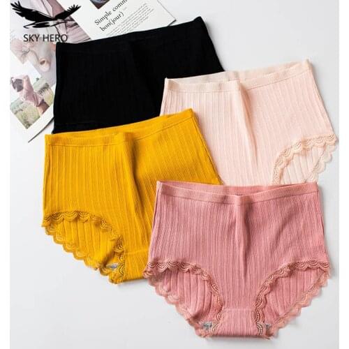 3pcs/Lot Women Lace Panties with High Waist Fit Womens Thermal Underwear Shorts Female Cotton Briefs Underpants Cute Neckline