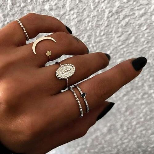 5Pcs/Set Bohemia Ring Summer Friends Moon Geometry Rings Set Metalic Fashion Finger Rings Korea Hit Rings for Women Girl Party