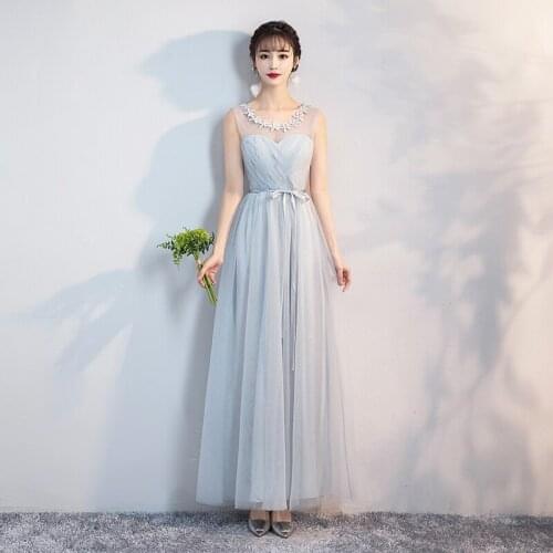 O-neck Sleeveless Floor-length Tulle New Sisters Blue-grey Wedding Lace Tank Appliques Long Evening Dress Vestido De Festa 9869