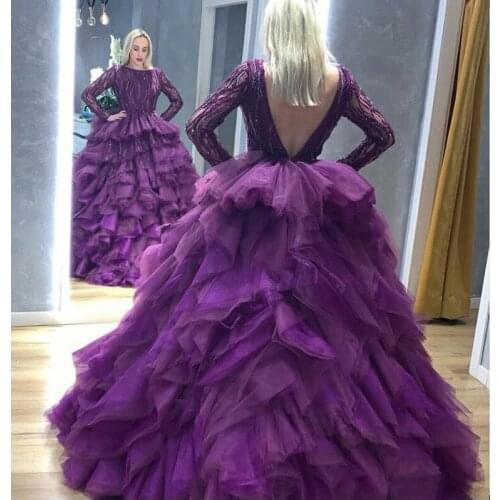 Purple Ball Gown Evening Dresses Long Sleeve Backless Beading Sequined Backless Tiered Tulle Skirt Special Occasion Dress