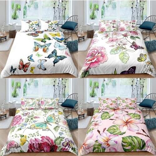 Colorful Butterfly Floral 3D Plants Printed Kid Custom Bedding Set Duvet Cover Set Queen King Size Wedding Bedclothes Home Decor