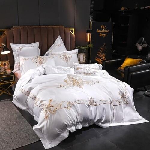 White Soft Satin Silk Cotton Gold Embroidery European Palace Bedding Set Double Duvet Cover Bed Linen Fitted Sheet Pillowcases