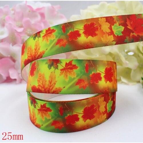 16607-79,(1")25mm 10yard/lot Maple Leaf Ribbons Thermal transfer Printed grosgrain Wedding Accessories DIY handmade material