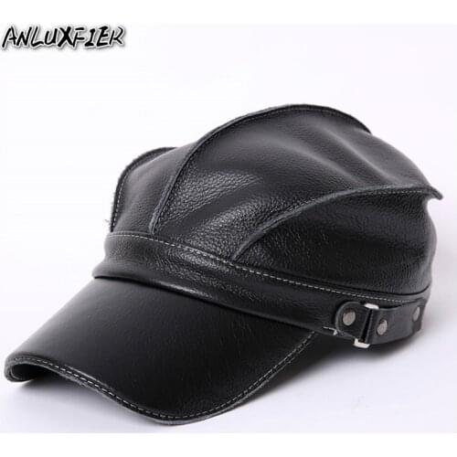 B-7280 Male Outdoor Natural Leather Hat Man Peaked Cap Mens Warm 100% Leather Baseball Cap Adjustable Size New Year Gift