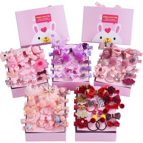 18Pcs/Box New Kids Girls Hair Accessories Set Elastic Hair Bands Hairpins Barrettes Fabric Bow Flower Hair Clips Baby Headdress