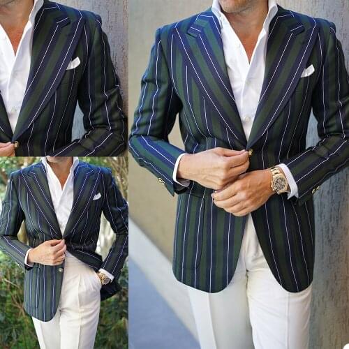 Latest Handsome Men Stripe Tuxedos Peaked Lapel Streetwear Fashion Pocket Blazer Smart Casual Daily Coat 1 Piece