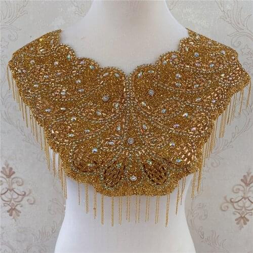 New Gold one side iron on wedding embroidered crystal rhinestone collar necklace appliques with fringe