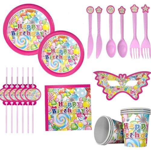 Lollipop Theme Party Paper Plate Cup Napkin Banner Tablecloth Kids Happy Birthday Party Decoration Disposable Tableware Supplies