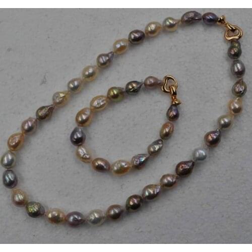 GORGEOUS Rainbow Multi-colored Pearl Set Furrow Kasumi pearl necklace & bracelet 9-11*11-14mm