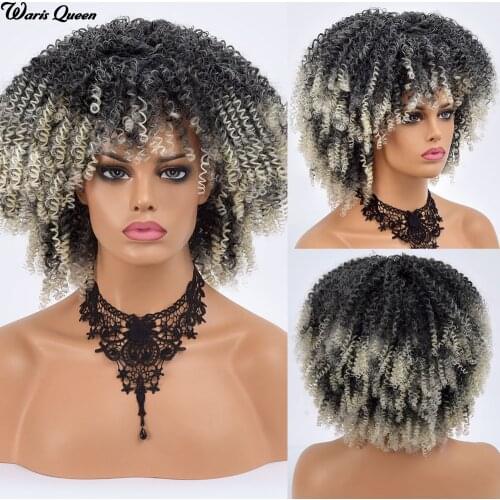 Dark Grey Omber White Cosplay Afro Kinky Curly Wigs Nature With Bangs For Black Women Short Synthetic Heat Resistant Wig