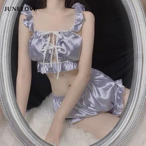 JuneLove Women Sexy Lingerie Satin Lace Sleep Wear V-Neck Camisole Shorts Set Sleepwear Pijamas Sexy Sleeping Clothes Lenceria