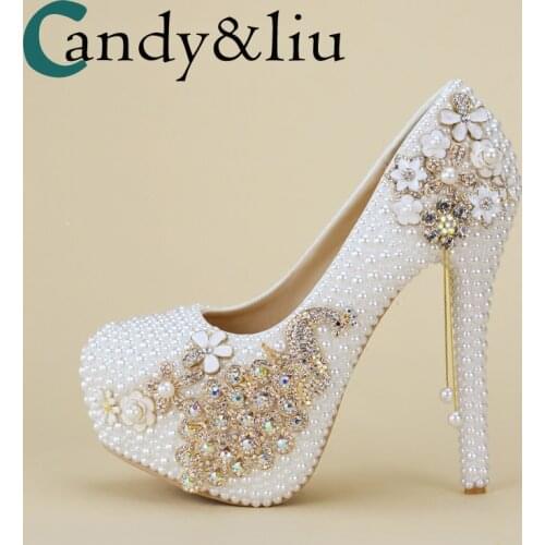 White Pearl Crystal Wedding Shoes Photo Studio Round Hed High Heels for Bride Evening Dress Banquet Performance Party Nightclub