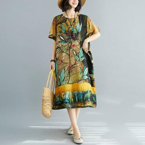 Uego Colorful Leaves Print Summer Loose Holiday Beach Dress Lady Ethnic Style Casual Dress Women Short Sleeve Long Dress