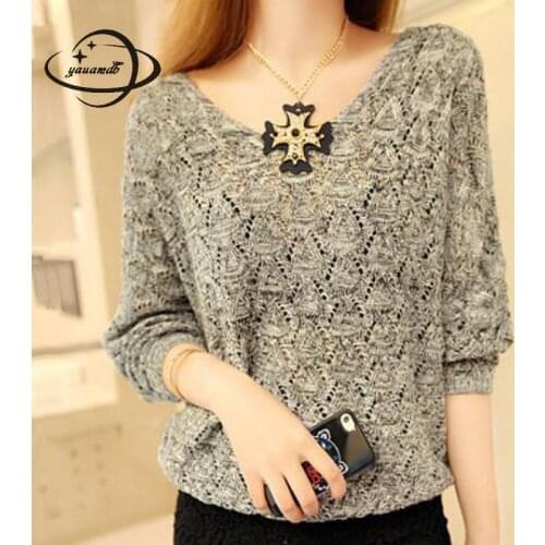 Yauamdb Women Sweater 2017 Autumn Winter Knitted Female Knitted V-neck Pullovers Ladies Hollow Loose Long Sleeve Knitwear Y16