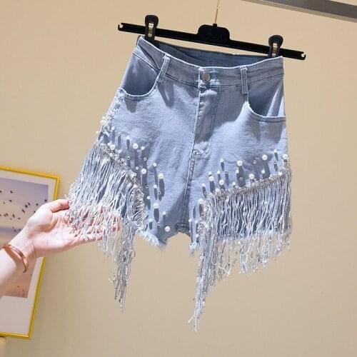 2021 Women Spring Summer New Vintage Denim Shorts Female Beading Tassel High Waist Wide Leg Shorts Lady Casual Solid Shorts G391