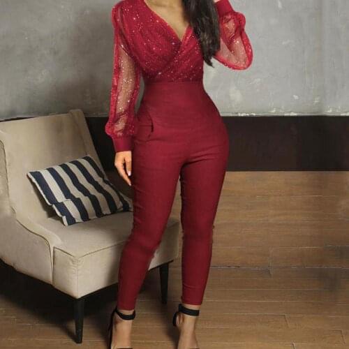 Female Elegant Deep V Neck Mesh Long Sleeve Sequins Glitter Jumpsuit Spring Long Pants One Piece Clothes Overalls 2021