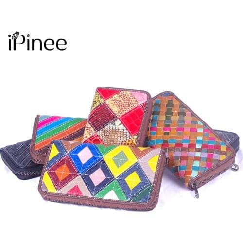 IPinee Womens Wallet Luxury Genuine Leather Wallets for Women 2020 Patchwork Woman Wallets Long Cell Phone Wallet Cards Holder