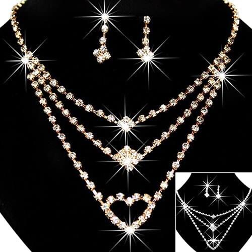 Fashion Womens Wedding Bride Love Heart Multilayer Necklace Earrings Jewelry Set Gift AQC2