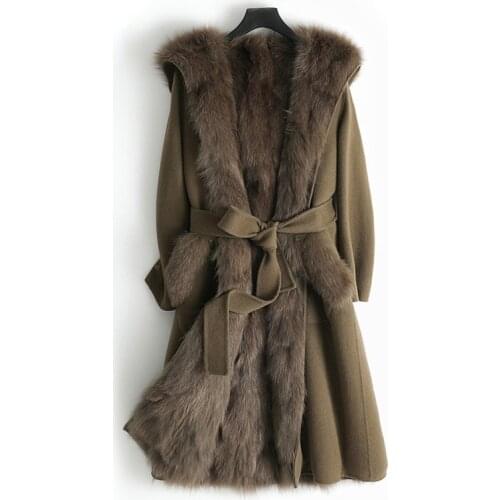 Women Real Wool Fur Coat Parka Natural Fox Fur Liner Leisure Fall/Winter Female Long Hooded Jacket Trench Outwear ZY178