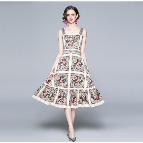 New 2021 Designer Summer Runway Women Spaghetti Strap Dress Temperament Square Collar Backless Floral Print Holiday Midi Dress