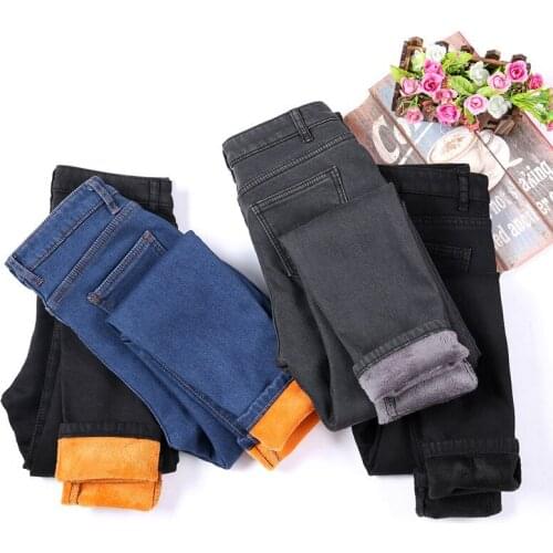 Winter Fleece Jeans Women Skinny Simplicity Velvet Warm Thick Stretch Female Casual Denim Pencil Pants Plus Size 38 40