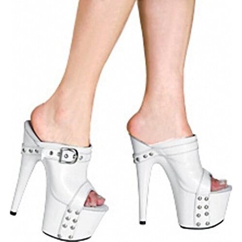 17CM High heeled shoes Thick platform Gothic Shallow Slippers Rivet Big Size 7 inches White Party Buckle strap Cross dressing