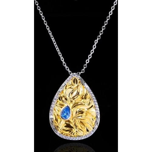 New Golden Sapphire Pendant Necklace 925 Silver Ladies Jewelry Embossed Luxury Classic Sweater Chain Clavicle Chain