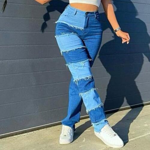 Dark Blue Flare Jeans Women 2021 Fashion Color Block Patchwork High Waist Jeans Femme Vintage Distressed Bell Bottoms Streetwear