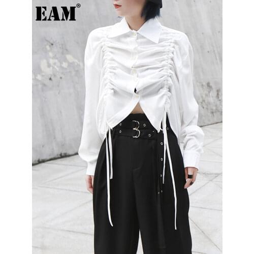 [EAM] Women Drawstring Pleated Big Size Black Blouse New Lapel Long Sleeve Loose Fit Shirt Fashion Spring Autumn 2021 1DD5141