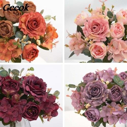 Artificial Flower Silk Rose Bouquet Imitation Fake Flowers Home Garden Wedding Table Decor Burgundy Faux Floral