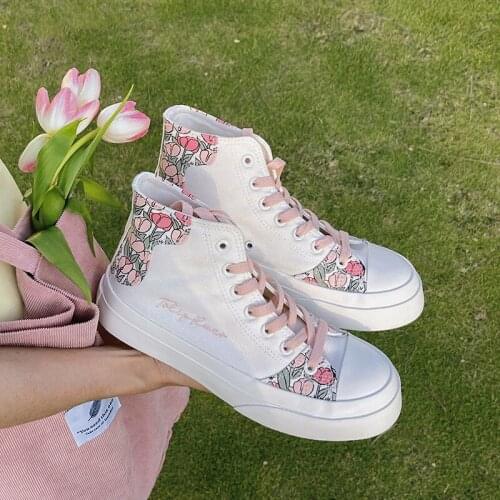 Women High-top Shoes Sweet Flowers Womens Canvas Sneakers Flats Female Lace Up Shoes Fashion Student Vulcanized Shoes