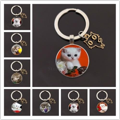 Cute Naughty Cat Girl Keychain I Love My Cat Key Holder Lovely Little Cat Glass Cabochon Key Rings Gift for girl