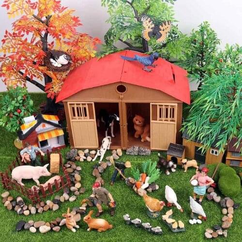 Oenux Simulation Farm Poultry Pig Rabbit Bird Animals Action Figures Tree Fence lawn Garden Decoration Model Toy For Kid Gift