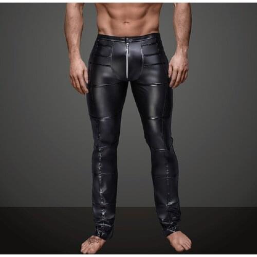 Mens Motorcycle Clothing Fad Spliced Sexy Club Role-Play Stage Show Trousers Boy Patent Leather Faux Leather Straight-Leg Pants