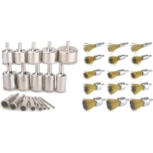 18 Pcs Diamond Hole Saws Hollow Core Drill Bits Set 4-50mm & 15 Pcs Wire Wheel Cup Brush Set with 1/4 Inch Round Shank