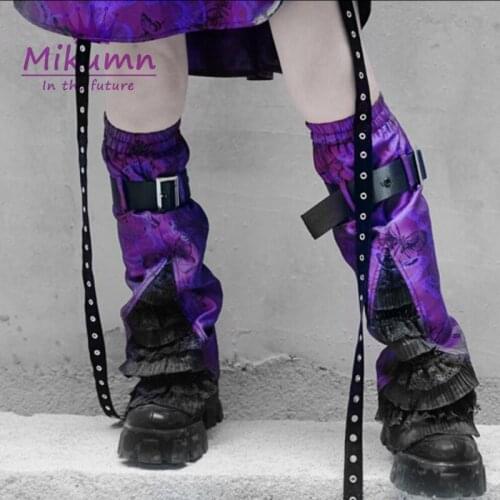 Japanese Harajuku Purple Butterfly Lace Patchwork Buckle Fashion Foot Sock Punk Gothic Knee Sleeve Leg Cover