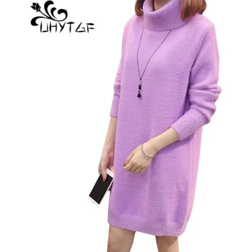 UHYTGF New Womens autumn winter dress Fashion Luxury Mink Cashmere sweater Dress Female Turtleneck pullover Knitted Dresses 1203