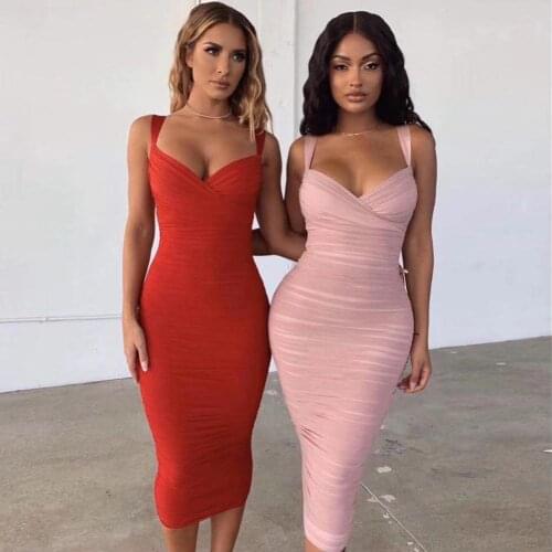 New Arrival Pink Spaghetti Straps Mesh V Neck Midi Rayon Bandage Dress High Quality Vintage Vestios