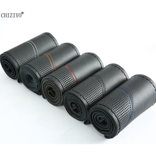 38cm Top Genuine Leather Car Steering Wheel Braid Cover Breathable Design Anti-Slip Embossing Car-styling With Needles Thread