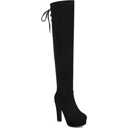 Round Toe Super High Thick Heel Over The Knee Stretch Boots High Waterproof Platform Super High Heel Cow Suede Long Boots