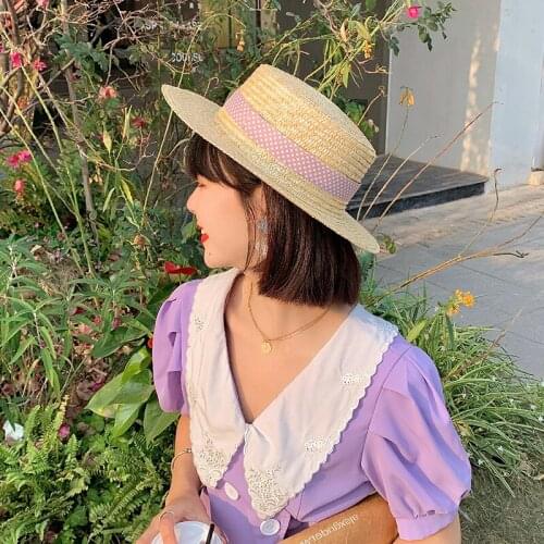 Womens Summer Straw Hats With Polka Dot Ribbon Simple Flat Top Panama Beach Caps UV Protection Outdoor Travel Formal Hats