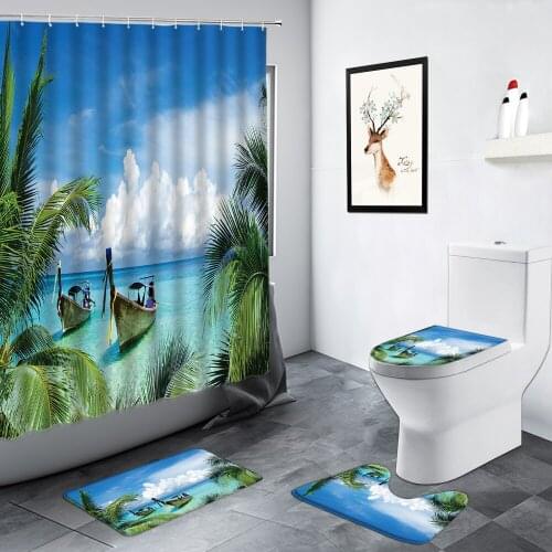 Palm Leaves Boat Ocean Landscape Shower Curtains Summer Beach Scenery Bathroom Decor Non-slip Carpet Toilet Cover Bath Mats Set