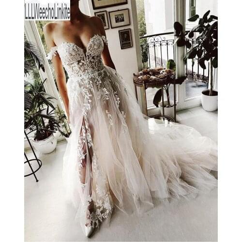 Ivory Lace Sweetheart Off The Shoulder A-Line Wedding Dresses Chapel Train Floor-Length Bridal Gowns Custom Made