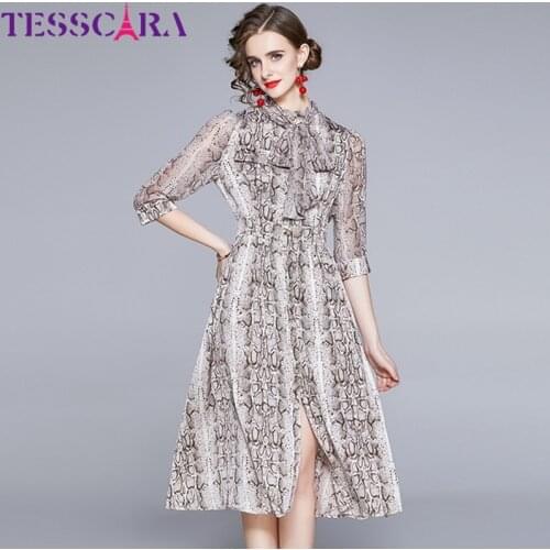 TESSCARA Women Spring Summer Elegant Dress Shirt High Quality Long Office Party Robe Femme Vintage Bow Designer A-Line Vestidos