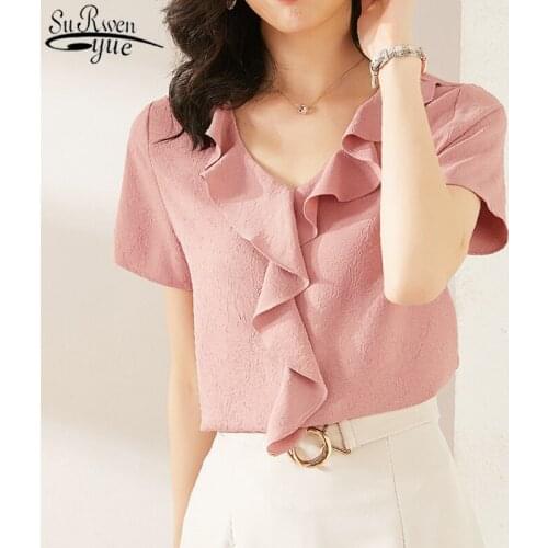 Short Sleeve All-match Slim-Fit Fashion Style Summer Tops and Blouse Solid Color Ruffled Chiffon Shirt Women Blusas Mujer 10055