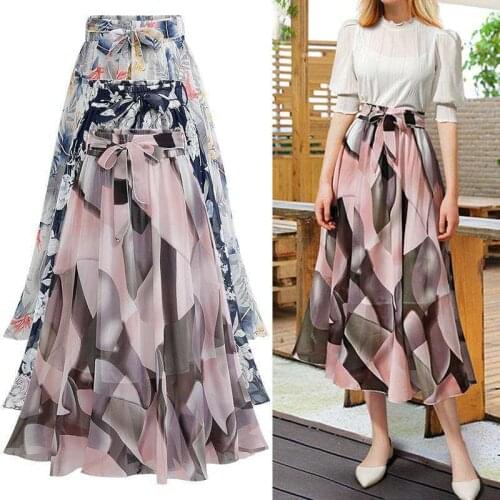 European and American Style Floral Chiffon Skirt Mid-length Print Large Swing Skirt Pleated Polyester Mid-Calf Skirts Womens