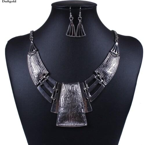 Punk Short Geometric Pendant Statement Necklace Set Choker Moon Necklaces Earrings For Women Punk Vintage Jewelry Sets Duftgold
