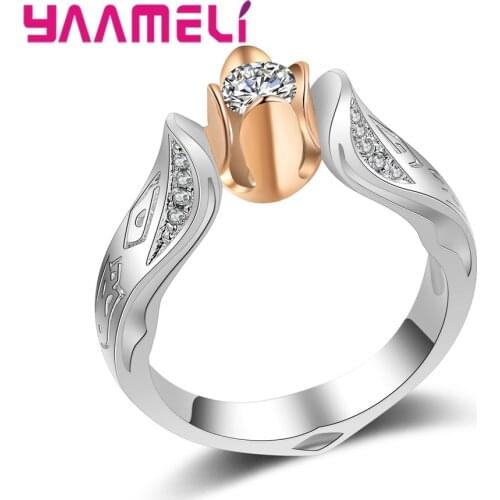 Vogue 925 Sterling Silver CZ Crystal Women Rings Silver Bands Rose Gold Rose Design Charms Party Accessories Factory Cost Sale